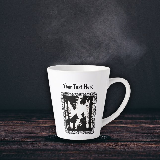 Tasse Latte Hotte blanche noire en Loup Forêt encadrée (black White Little Red Riding Hood and the Wolf in the forest on Latte Mug.)