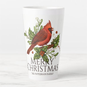 Tasse Latte Houx et Cardinal Rouge Noël Nom Personnalisé