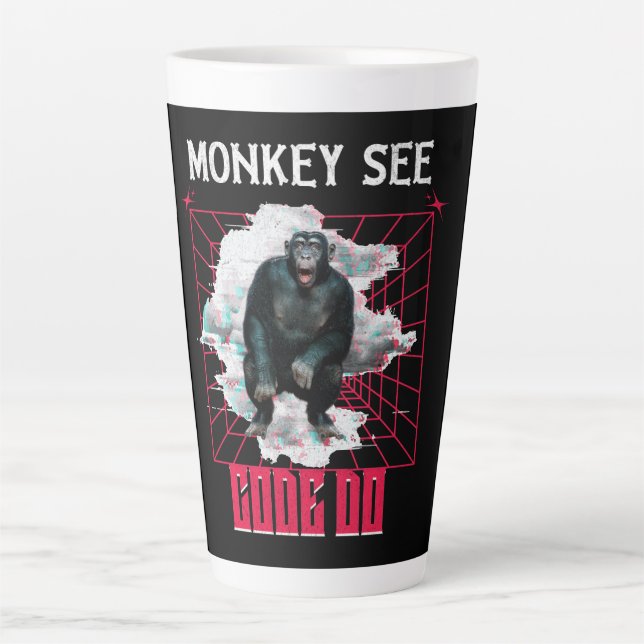 Tasse Latte Humour de développeur Web « Le singe voit, code, f (Devant)