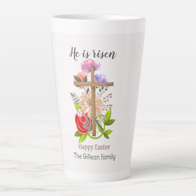 Tasse Latte Il est ressuscité, bois fleuri Famille de Pâques,  (Devant)