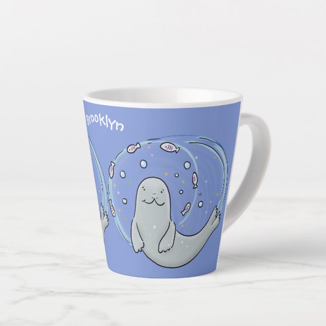 Tasse Latte Illustration de caricature de phoque et de poisson (Angle droit)