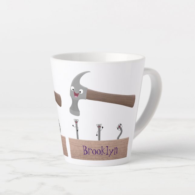 Tasse Latte Illustration de dessin mignon, marteau et ongles (Angle droit)