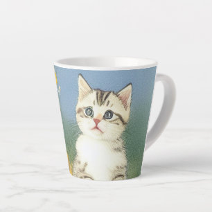 Tasse Latte Illustration de Kitten vintage avec Fleurs Jaunes