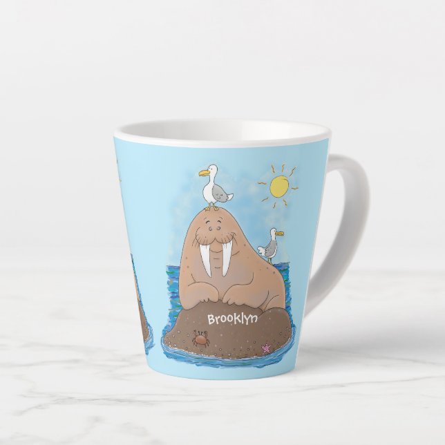 Tasse Latte Illustration drôle de morse joyeux (Angle droit)
