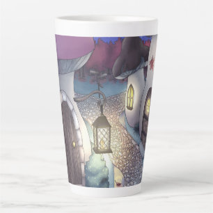 Tasse Latte Illustration du village de champignons nocturnes d