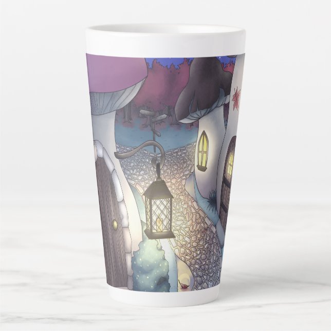 Tasse Latte Illustration du village de champignons nocturnes d (Devant)
