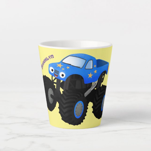 Tasse Latte Illustration d'un camion monstre bleu mou (Devant)