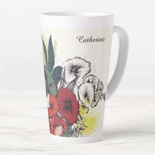 Tasse Latte Illustration Fleur de nom personnalisé (Angle droit)