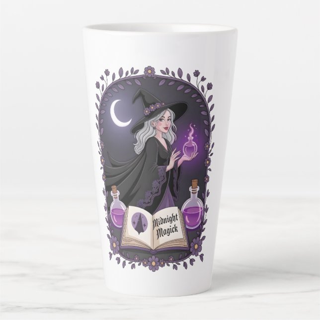 Tasse Latte Illustration Magique de Minuit d'une Jeune Sorcièr (Devant)