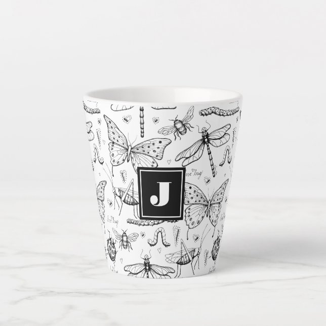 Tasse Latte Illustration moderne des insectes noirs et blancs  (Devant)