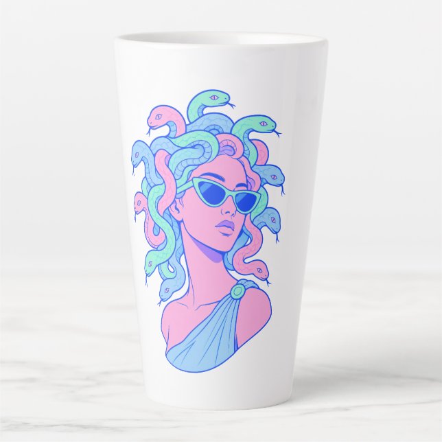 Tasse Latte Illustration Rétro‑Pop de Méduse – Lunettes de sol (Devant)