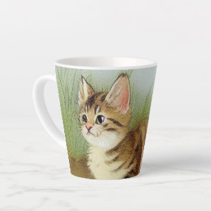 Tasse Latte Illustration vintage Kitten avec fleurs