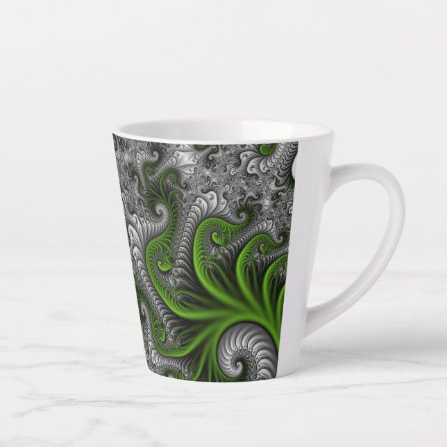 Tasse Latte Imaginaire Monde Vert Et Gris Art Fractal Abstrait (Droite)