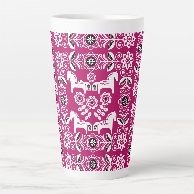 Tasse Latte Impression de cheval suédois Dala rose (Devant)