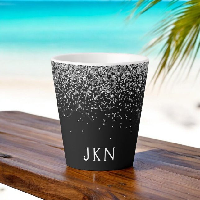 Tasse Latte Initiales de nom girly pailletées argent noir Mono (Créateur téléchargé)