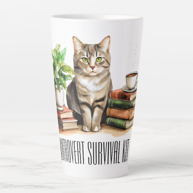 Tasse Latte Introvert kit de survie (Cat, plante, café, livres (Devant)