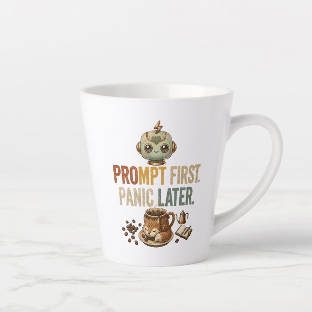 Tasse Latte Invite à la Panique Plus Tard Drôle de Robot IA (Droite)