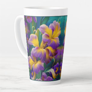 Tasse Latte Iris Floral Pourpre et or feuilles bleu vert