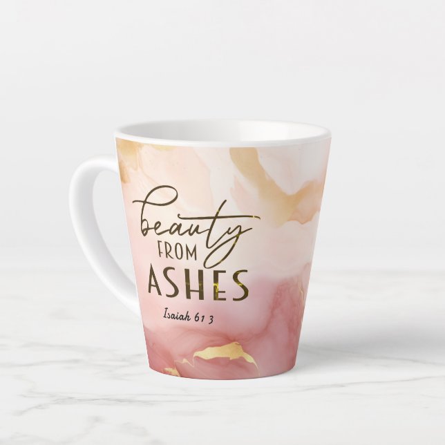 Tasse Latte Isaïe 61 3 Beauté de Ashes Bible Verse Rose (Angle gauche)