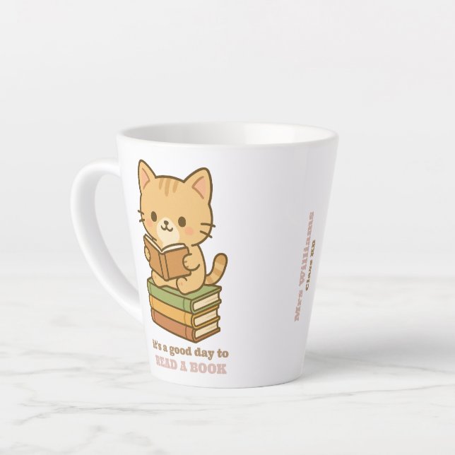 Tasse Latte It's a good day to read a book cute cat teacher (Angle gauche)