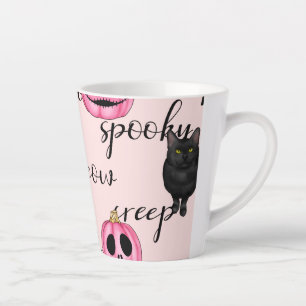 Tasse Latte Jack-O-Lantern rose et chat noir
