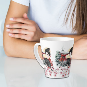 Tasse Latte Japanese Cherry Blossom Pagoda Geisha Girl