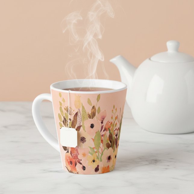 Tasse Latte Jardin de fleurs aquarelles abricot (Créateur téléchargé)