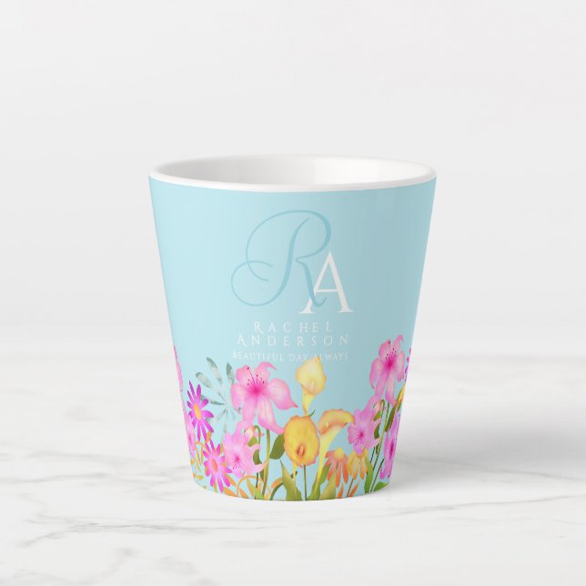 Tasse Latte Jardin Floral Monogramme bleu (Devant)