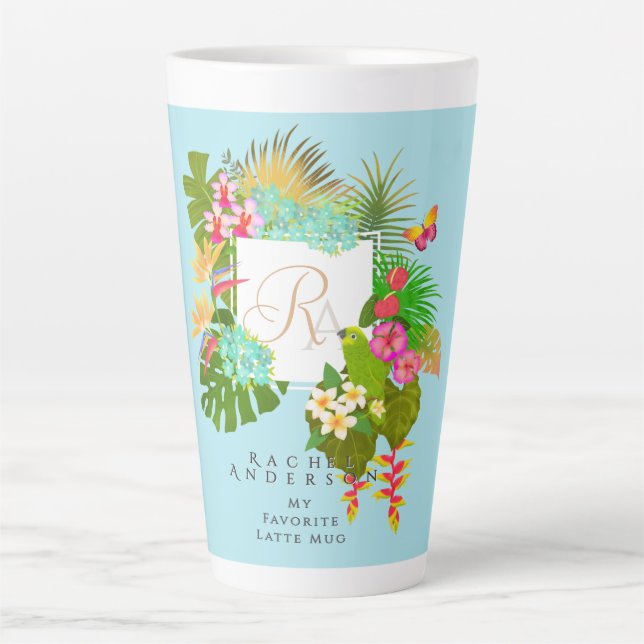 Tasse Latte Jardin tropical Monogramme bleu (Devant)