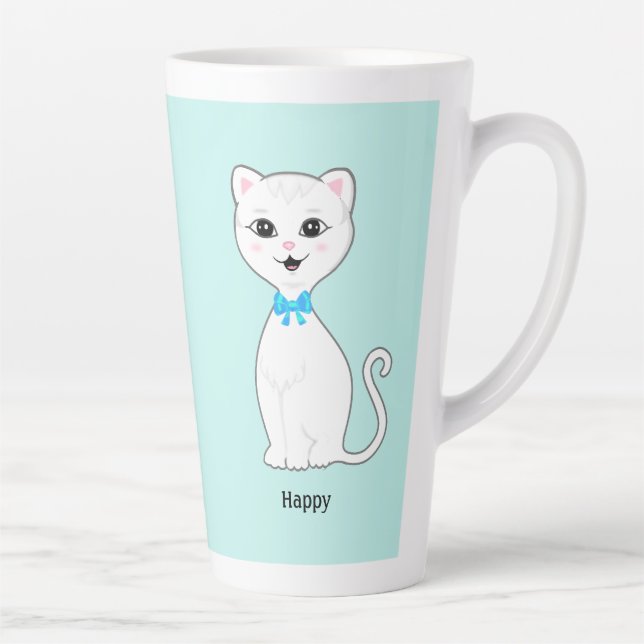 Tasse Latte Joli Chat Blanc Heureux sur Fond Bleu Clair (Droite)