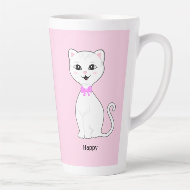 Tasse Latte Joli chat blanc heureux sur fond rose clair (Droite)