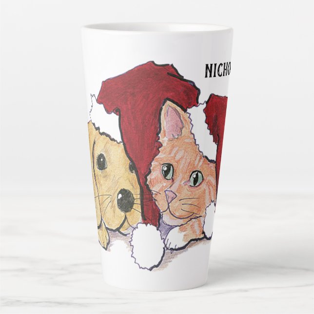 Tasse Latte Joli chiot labrador de Noël et chat orange tabby (Devant)