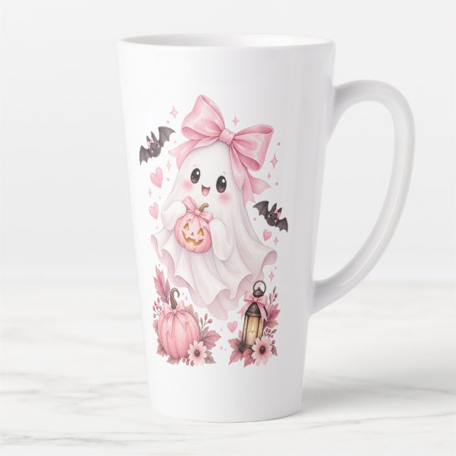 Tasse Latte Joli Fantôme à Ruban Rose Halloween  (Droite)