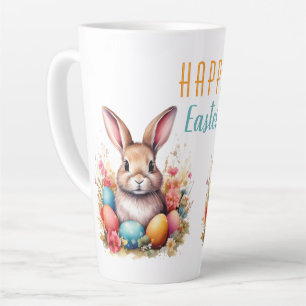 Tasse Latte Joli Lapin Oeufs Colorés Fleurs Joyeuses Pâques