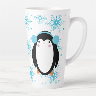 Tasse Latte Joli manchot d'hiver et flocons de neige
