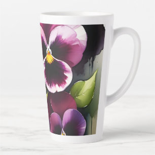 Tasse Latte Joli marron noir rouge pansies aquarelle peinture