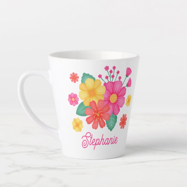 Tasse Latte Joli Monogramme Fleur Nom Botanique Moderne (Gauche)