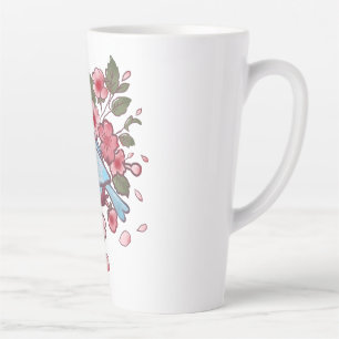 Tasse Latte Joli oiseau bleu de printemps et aquarelle de fleu