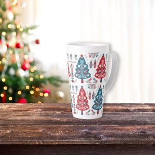 Tasse Latte Joli sapin de Noël rouge et bleu motif nordique
