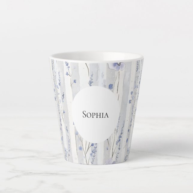 Tasse Latte Jolie Lavande Fleurs Blanches Rayures Shower de Ma (Devant)