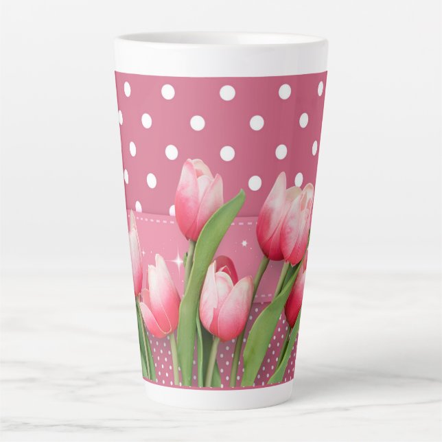 Tasse Latte Jolie tulipes roses et pois roses et blancs (Devant)