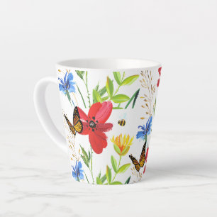 Tasse Latte Jolies fleurs aquarelles d'été avec papillons