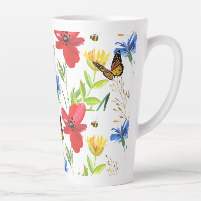 Tasse Latte Jolies fleurs aquarelles d'été avec papillons (Droite)
