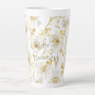 Tasse Latte Jolies Fleurs Blanches Dorées