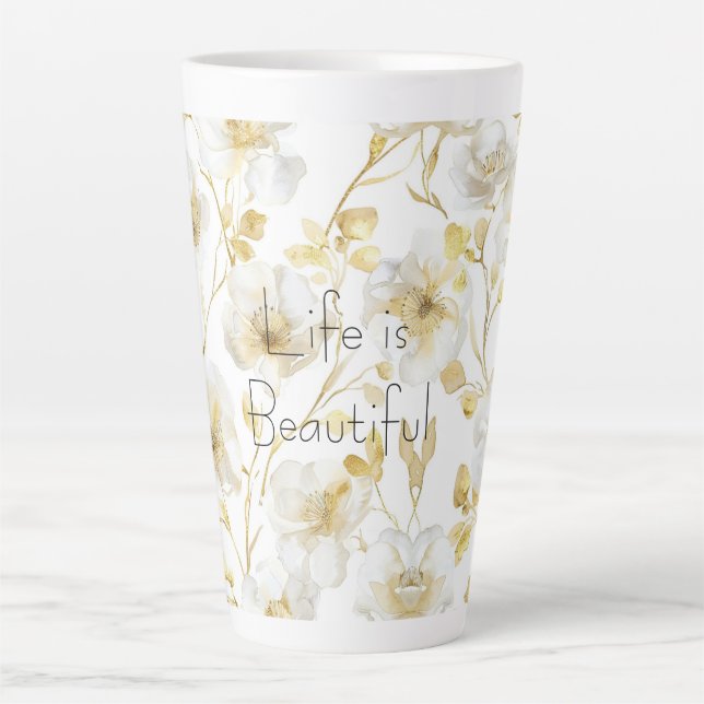 Tasse Latte Jolies Fleurs Blanches Dorées (Devant)