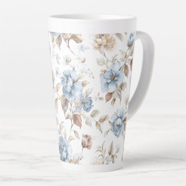 Tasse Latte Jolies Fleurs Bleues Crème Beige Marron (Angle droit)