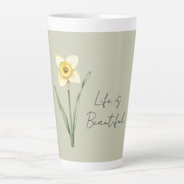 Tasse Latte Jonquille verte blanche jaune fleur (Devant)