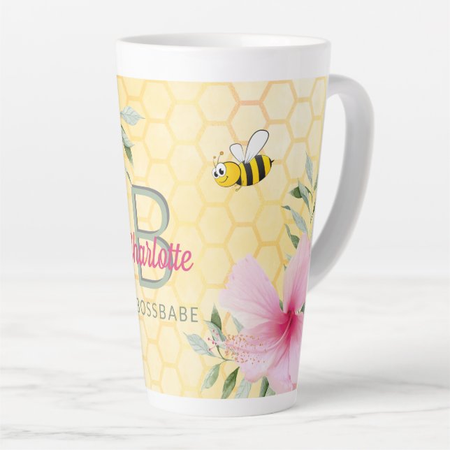 Tasse Latte Joyeuse bourde abeilles jaune nid d'abeille rose b (Angle droit)