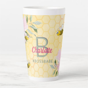 Tasse Latte Joyeuse bourde abeilles jaune nid d'abeille rose b