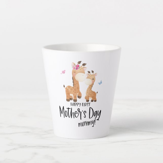 Tasse Latte Joyeuse fête des mères 🦒 Giraffe + Papillons (Devant)